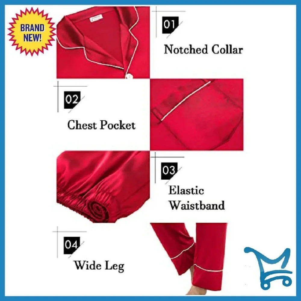 Satin Pajama Set Long Sleeve Button Down Sleepwear Lounge Pjs